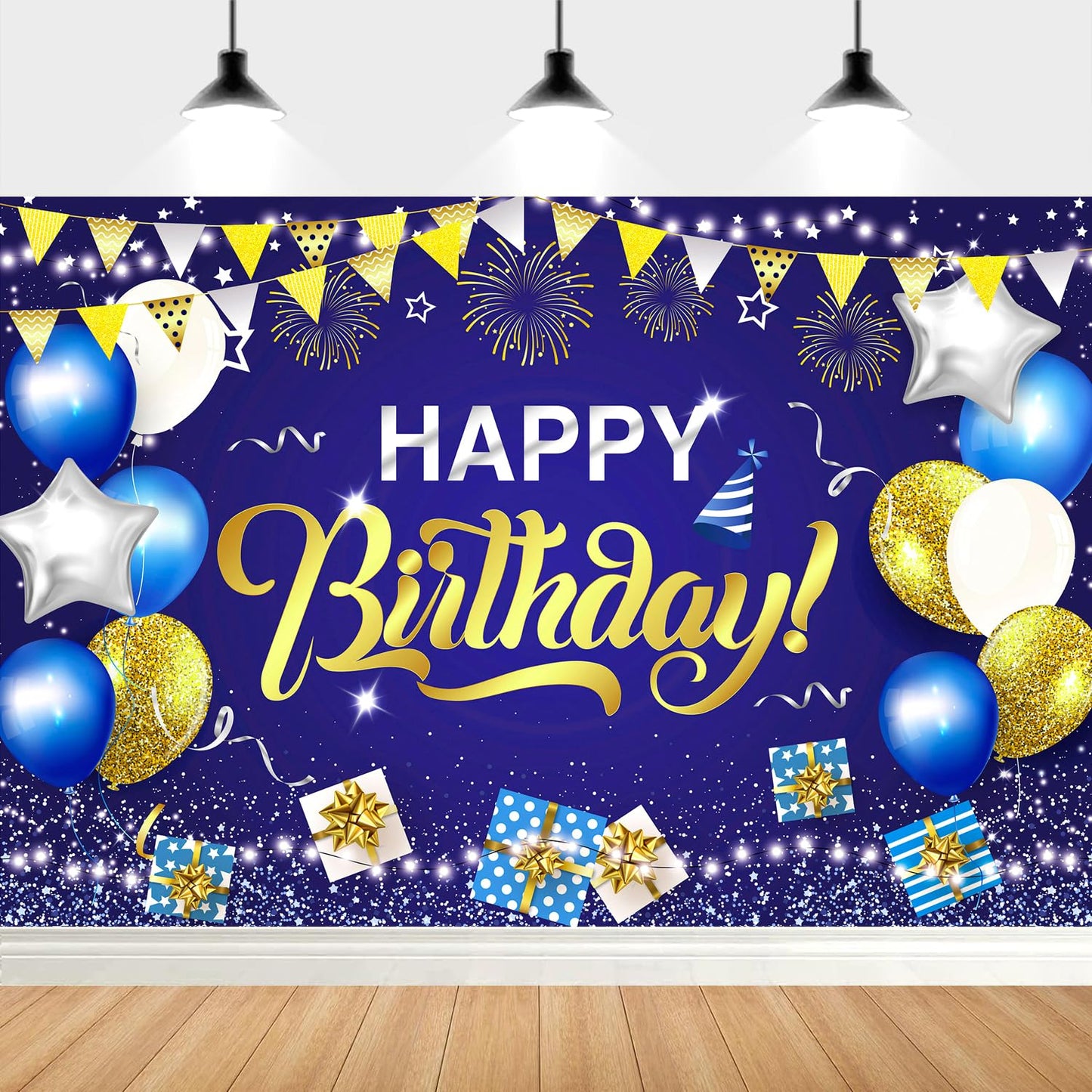 YinQin 180x120 cm Royal Navy Blue Gold Happy Birthday Backdrops Cloth 71x47 inch Birthday Photography Background Glitter Navy Bl