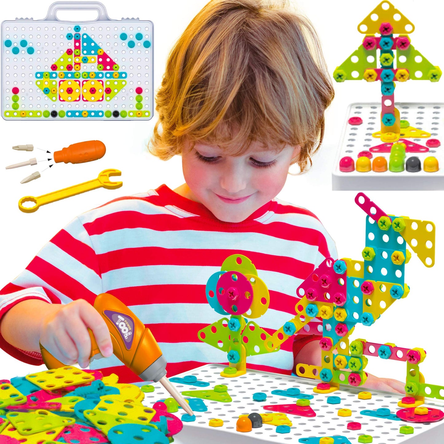 249 PCS STEM Learning Toys - Electric Drill DIY Educational Set, Creative Engineering with Various Shapes and 5 Toy Tools - 2&3D