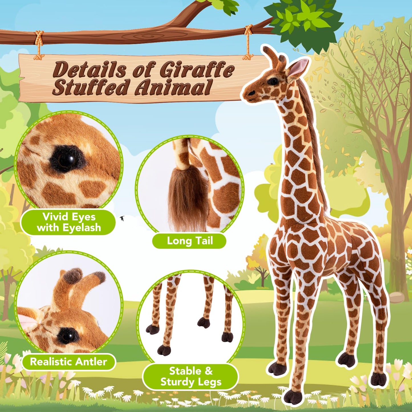 BRINJOY Giant Giraffe Stuffed Animal, 47" Plush Toy with Bird, Basket & Leaves, Multi Color, Soft Polyester for Kids
