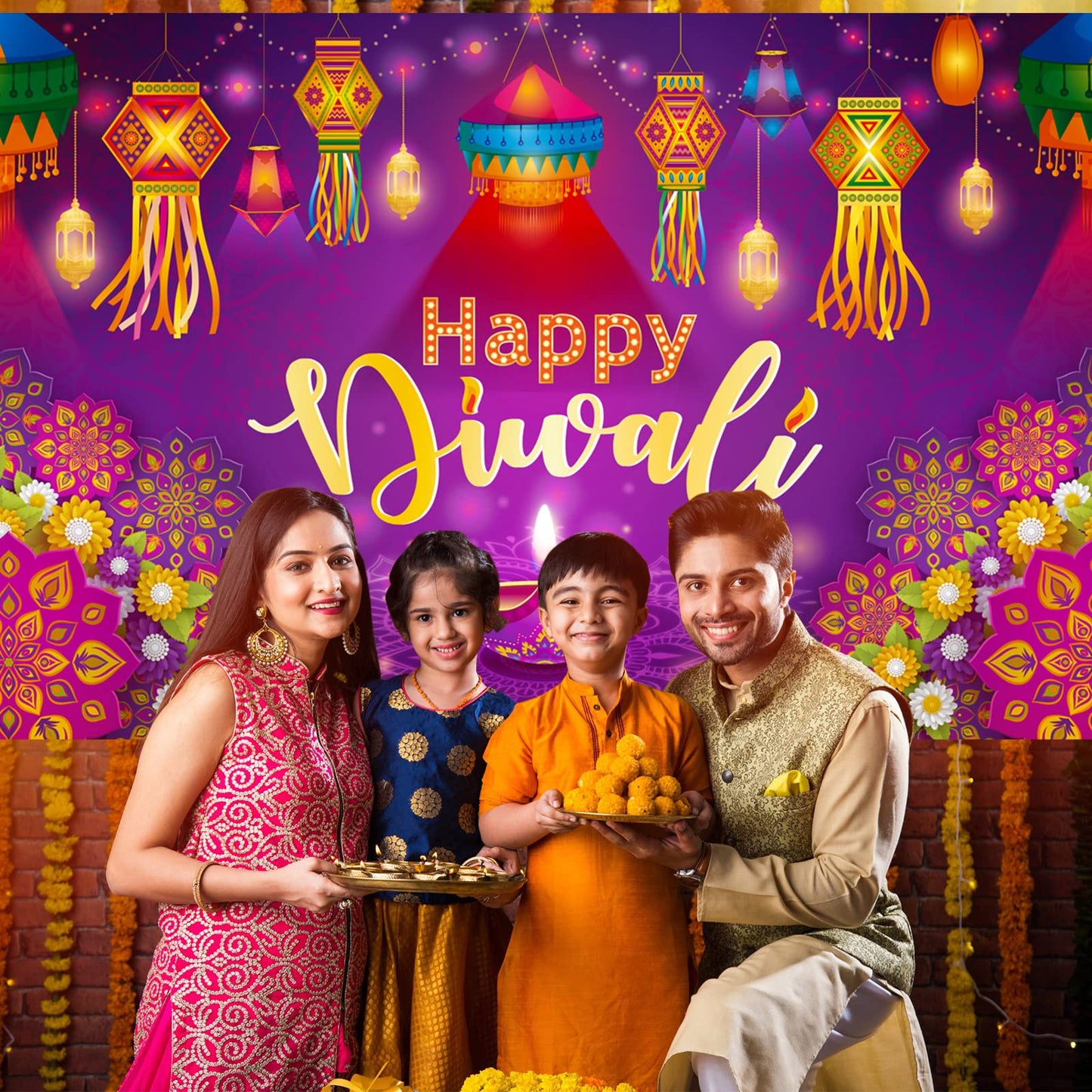 Happy Diwali Backdrop Banner Decor, Festival of Lights Party Photography Backdrop Decorations for Happy Diwali Party Indian Deep