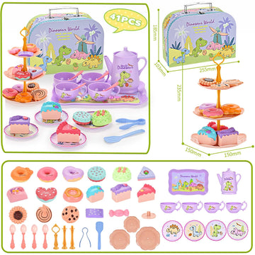 Lajeje 41Pcs Dinosaurs Tea Party Set for Little Girls, Pretend Plastic Teapot Set, Princess Tea Time Play Kitchen Toy with Desse