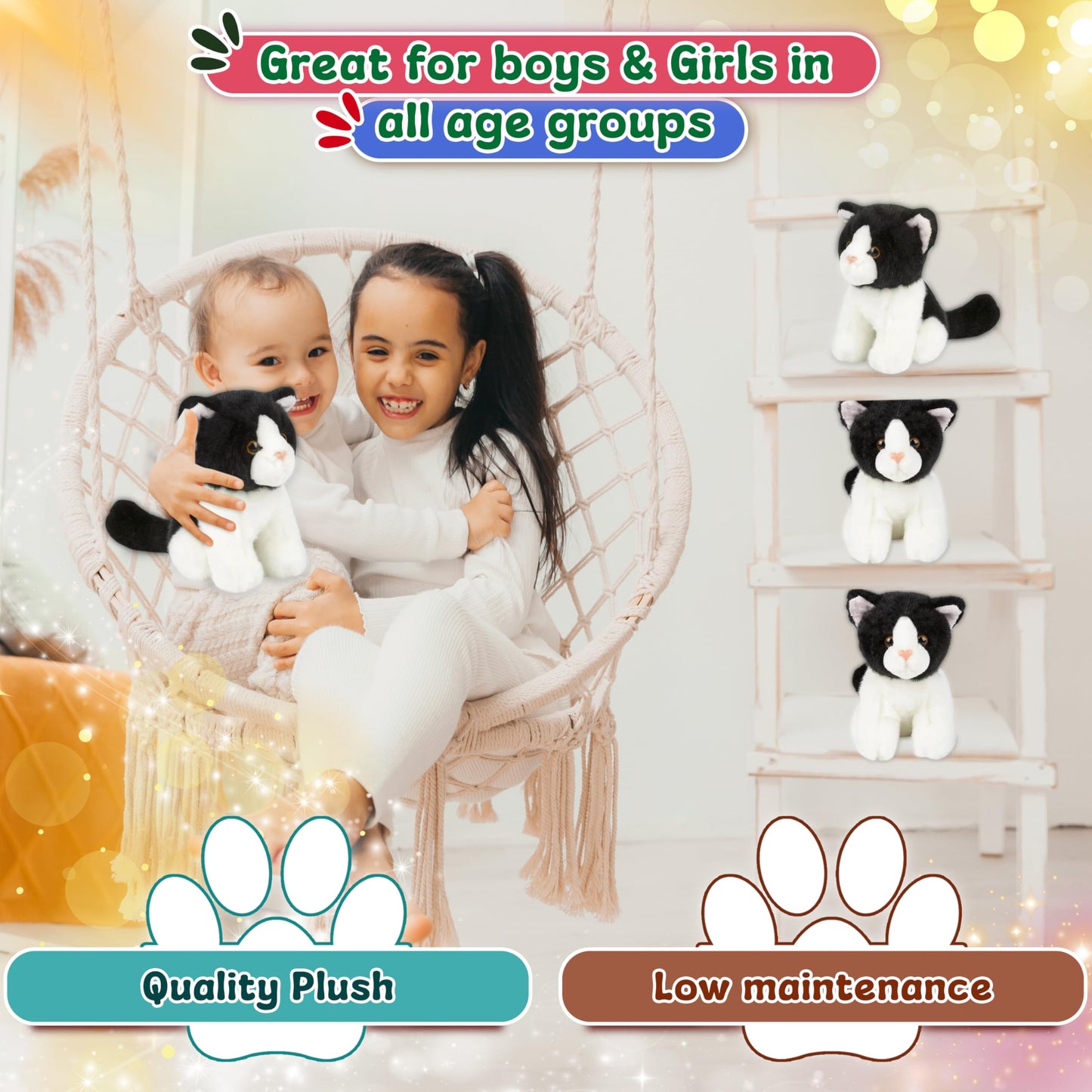 Forest & Twelfth 6'' Stuffed Black & White Cat, Soft Plush Toy, Cute Stuffed Animal For Boys And Girls, Realistic Looking Small