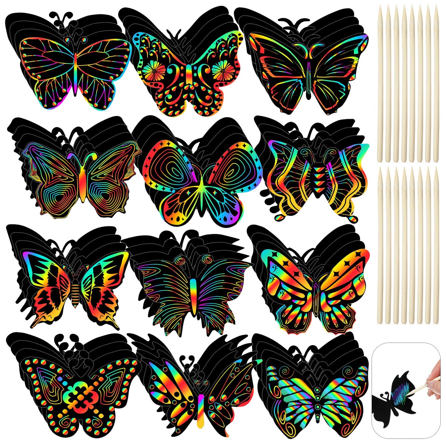 Deekin 72 Pcs Butterfly Scratch Cards Rainbow Paper Scratch Butterfly Craft Art Kits Party Favors with 36 Pcs Bamboo Stylus for 
