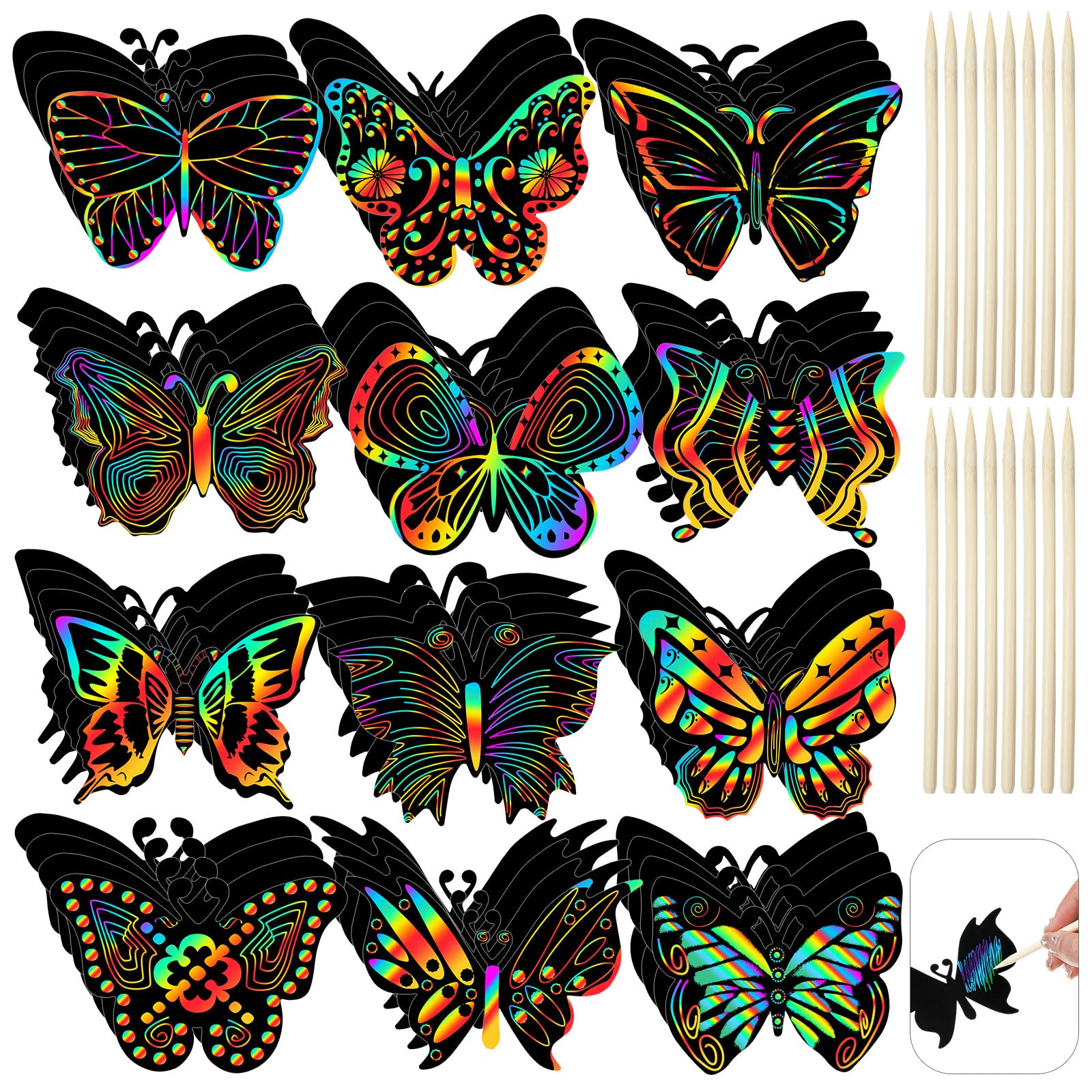 Deekin 72 Pcs Butterfly Scratch Cards Rainbow Paper Scratch Butterfly Craft Art Kits Party Favors with 36 Pcs Bamboo Stylus for 