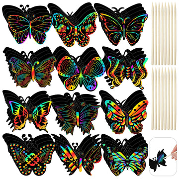 Deekin 72 Pcs Butterfly Scratch Cards Rainbow Paper Scratch Butterfly Craft Art Kits Party Favors with 36 Pcs Bamboo Stylus for 