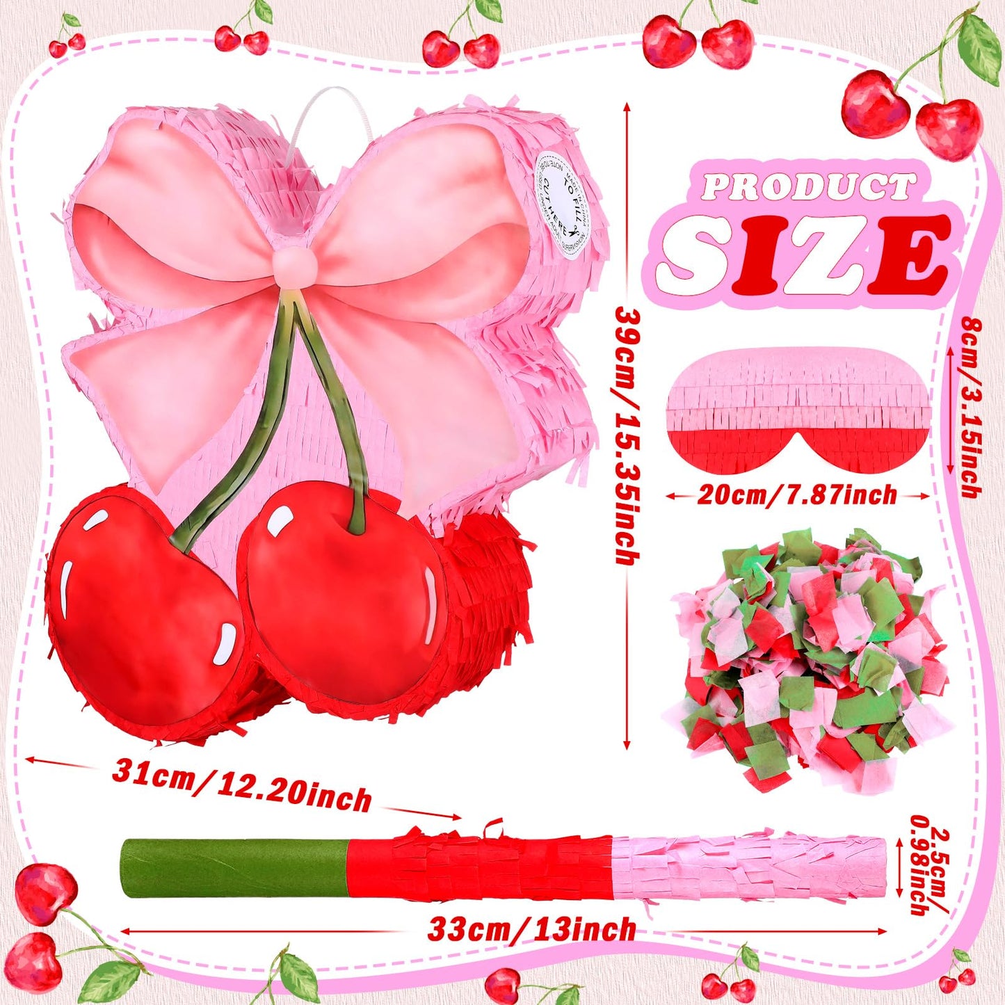 Feifeiya Coquette Pink Bow Cherry Piñata Bundle with Blindfold, Bat & Confetti - Perfect for Girls Birthday Party Supplies