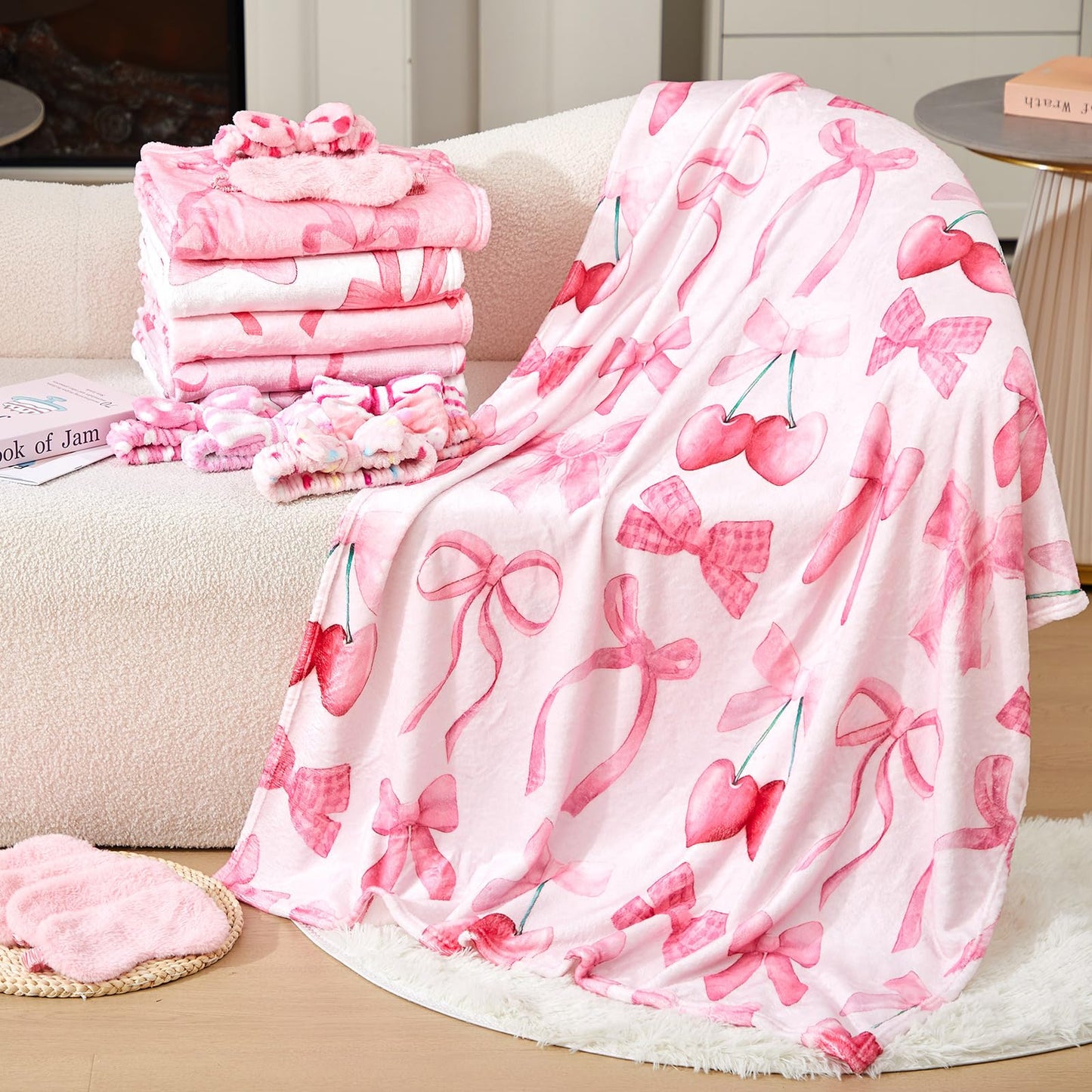 18 Pcs Sleepover Party Supplies for Girls, 6 Different Style Pink Bow Blanket 6 Coral Fleece Bow Spa Headband 6 Plush Pink Eye M