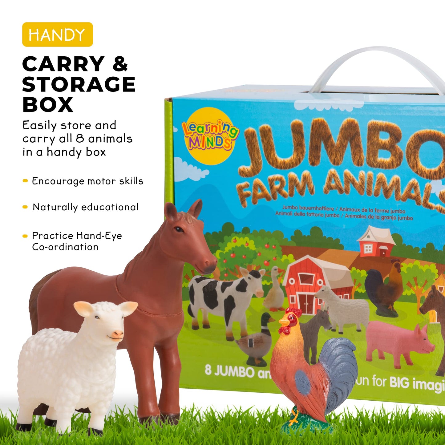 Learning Minds Set of 8 Jumbo Farm Animal Figures - Farm Animals for Toddlers Age 1-3 - Farm Toy for Kids Age 18 Months Plus - Animal Toys for Kids 1 2 3 Years Old