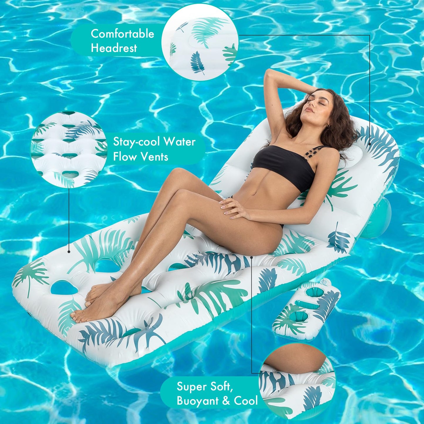 Pool Floats mature-themed Heavy Duty Inflatable Pool Lounger with Adjustable Backrest Cup Holder Floating Pool Tanning Rafts Water Floaty Lounge Lake Beach Party Games