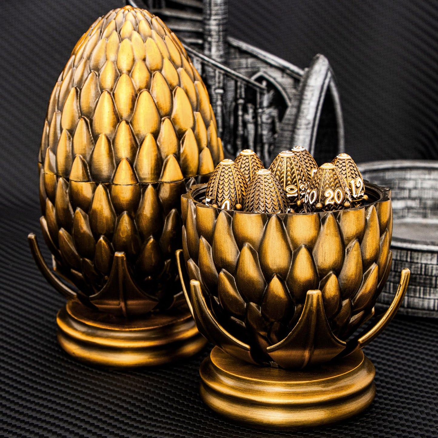 ARUOHHA DND Metal Dice Antique Gold Dragon Egg Dice with Rotating Dragon Egg Shell, Dungeons and Dragons Role Playing Game RPG D