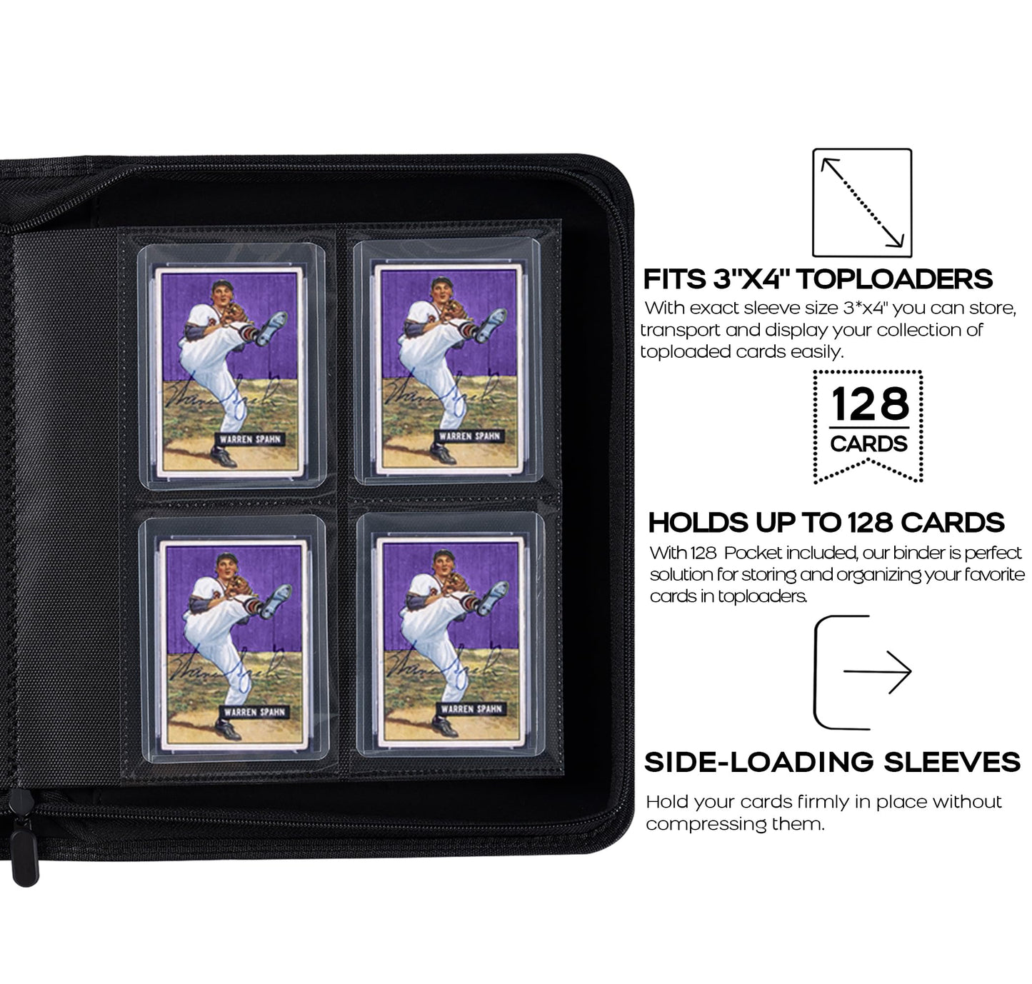 Toploader Binder  Holds 128 Top Loaders - 4 Pocket Top Loader Binder for 3 x 4 Rigid Card Holders for Trading Cards or Sports Cards  Model A - Classic Purple