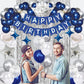 Navy Blue Happy Birthday Party Decorations Set for Men Boys Women Girls, Banner, Crown Balloon, Fringe Curtains, Cake Topper,tab
