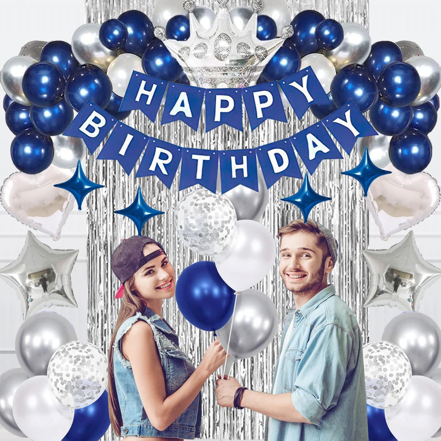 Navy Blue Happy Birthday Party Decorations Set for Men Boys Women Girls, Banner, Crown Balloon, Fringe Curtains, Cake Topper,tab