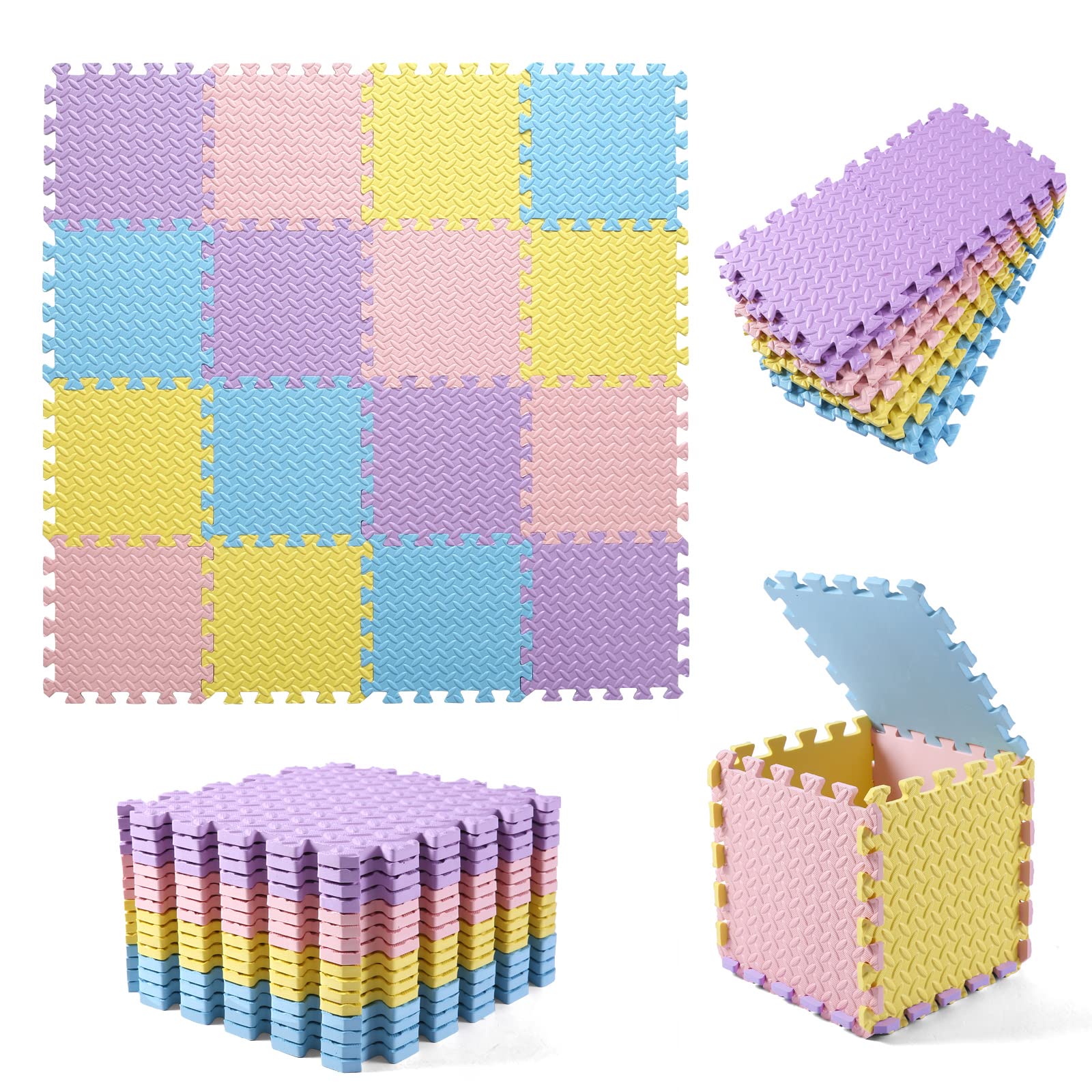 Tamiplay 16Pcs Foam Play Mat, Eva Soft Interlocking Floor Mats, Solid Colored Foam Puzzled Floor Mats, Baby Play Mat Exercise Mats With Storage Bag(Pink/Purple/Yellow/Light Blue)