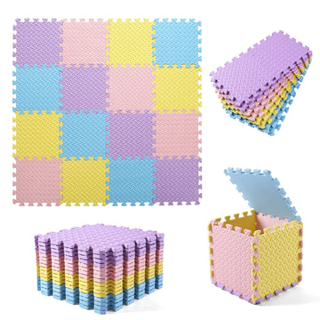 Tamiplay 16Pcs Foam Play Mat, Eva Soft Interlocking Floor Mats, Solid Colored Foam Puzzled Floor Mats, Baby Play Mat Exercise Mats With Storage Bag(Pink/Purple/Yellow/Light Blue)