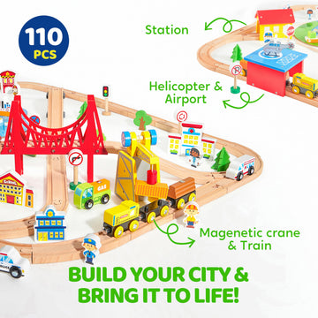 110Pcs Montessori Wooden Train Set - Urban Journey, City Scene Railway Set With Magnetic Trains, Cars, Helicopter & Ship, Perfec