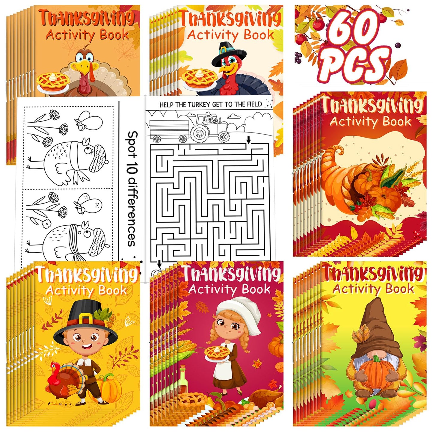 Maitys 60 Pcs Thanksgiving Activity Books Mini Challenging Activities Fun and Games Include Mazes, Word Search, Word Scramble, a