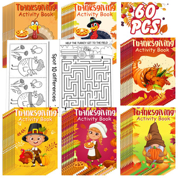 Maitys 60 Pcs Thanksgiving Activity Books Mini Challenging Activities Fun and Games Include Mazes, Word Search, Word Scramble, a