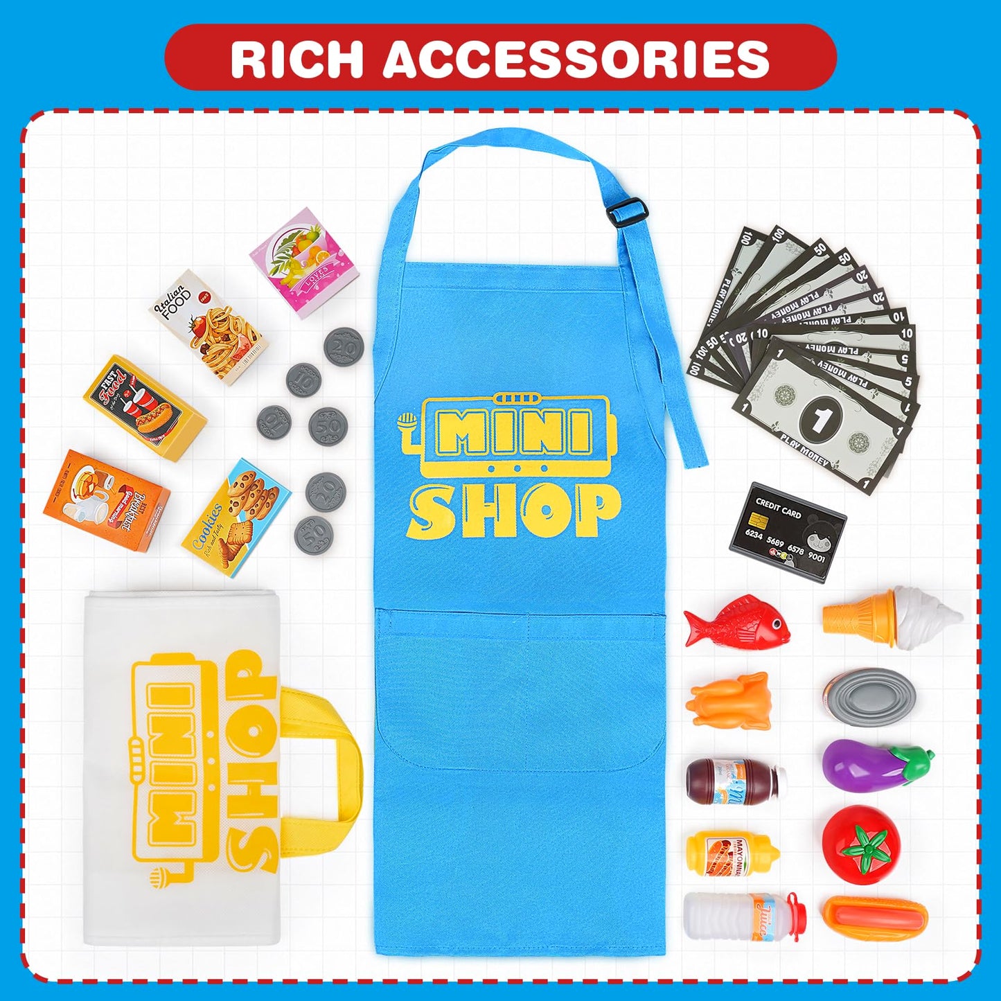 Cash Register Toy For Kids With Real Calculator, Cashier Register With Scanner/Weighter/Credit Card/ Play Money/ Food/Microphone