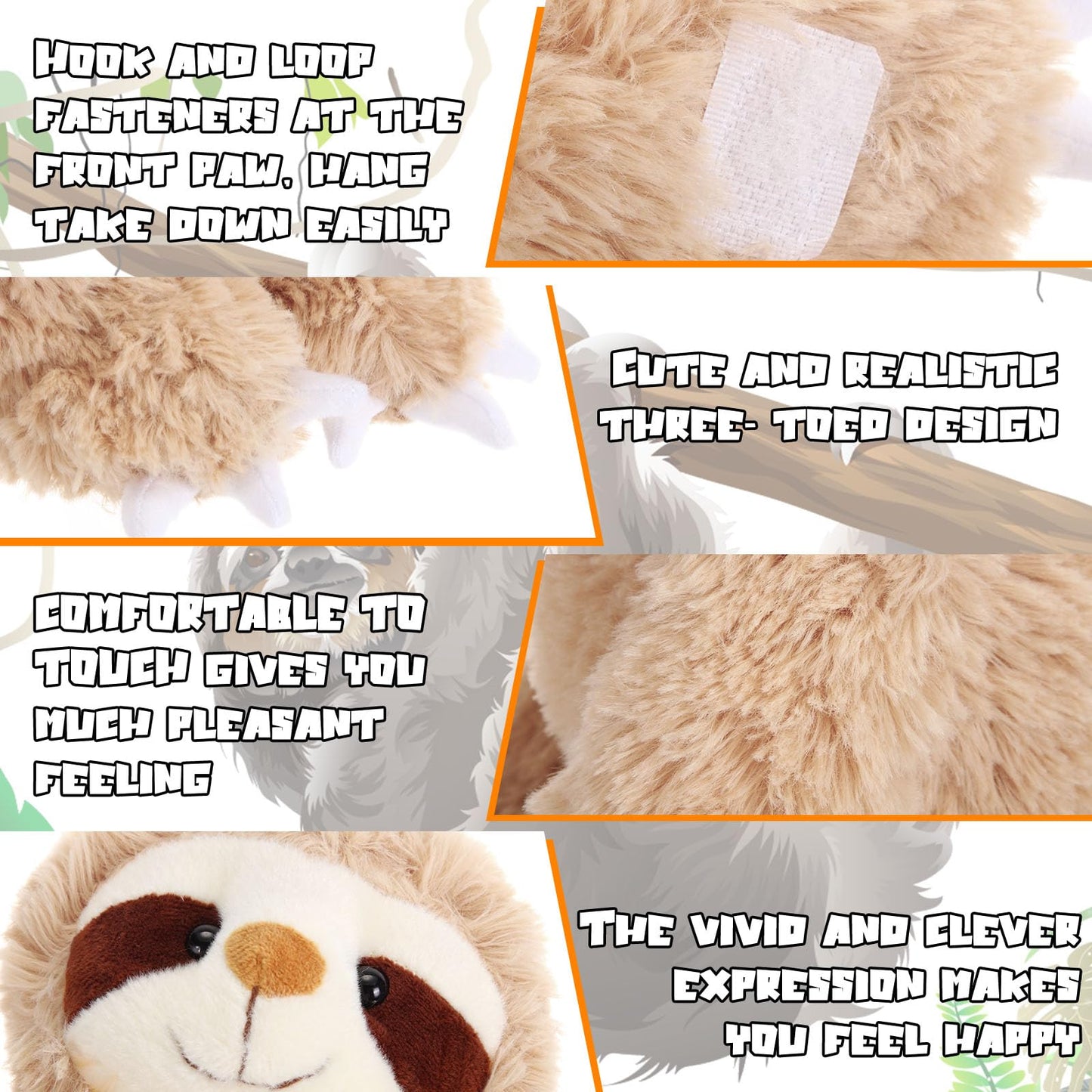 Queekay 2 Packs Sloth Stuffed Animal Hanging 18 Inch Three Toed Sloth Plush Toy With Hook And Loop Hands For Teens Adults Gifts Decors(Dark Gray, Light Brown)
