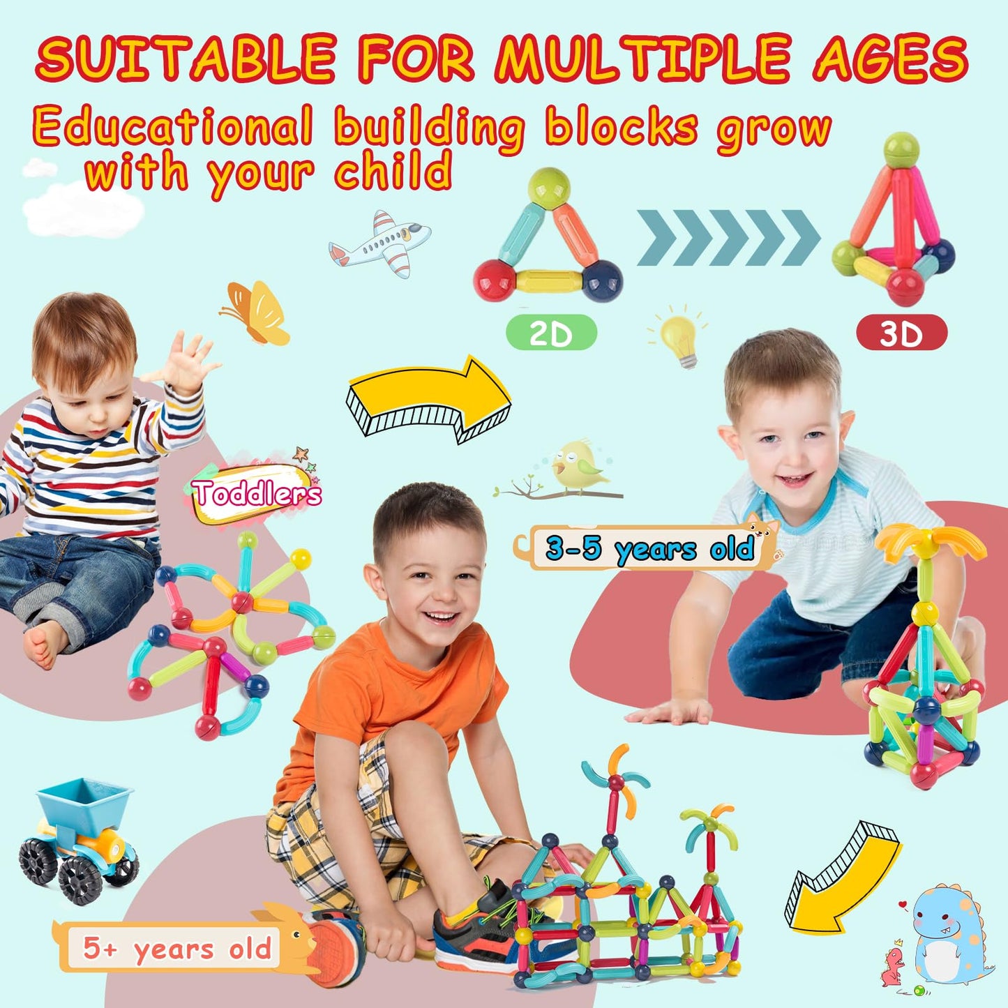 Titrot Magnetic Blocks Kids Toys, 64Pcs Magnetic Building Sticks STEM Educational Sensory Toy Preschool Learning Montessori Toys