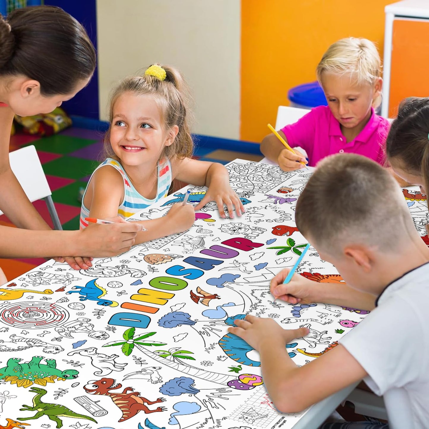 Dinosaur Giant Coloring Poster For Kids 30X72 Inch, Dinosaur Large Coloring Poster Tablecloth Books, Dinosaur Themed Color-In Ac