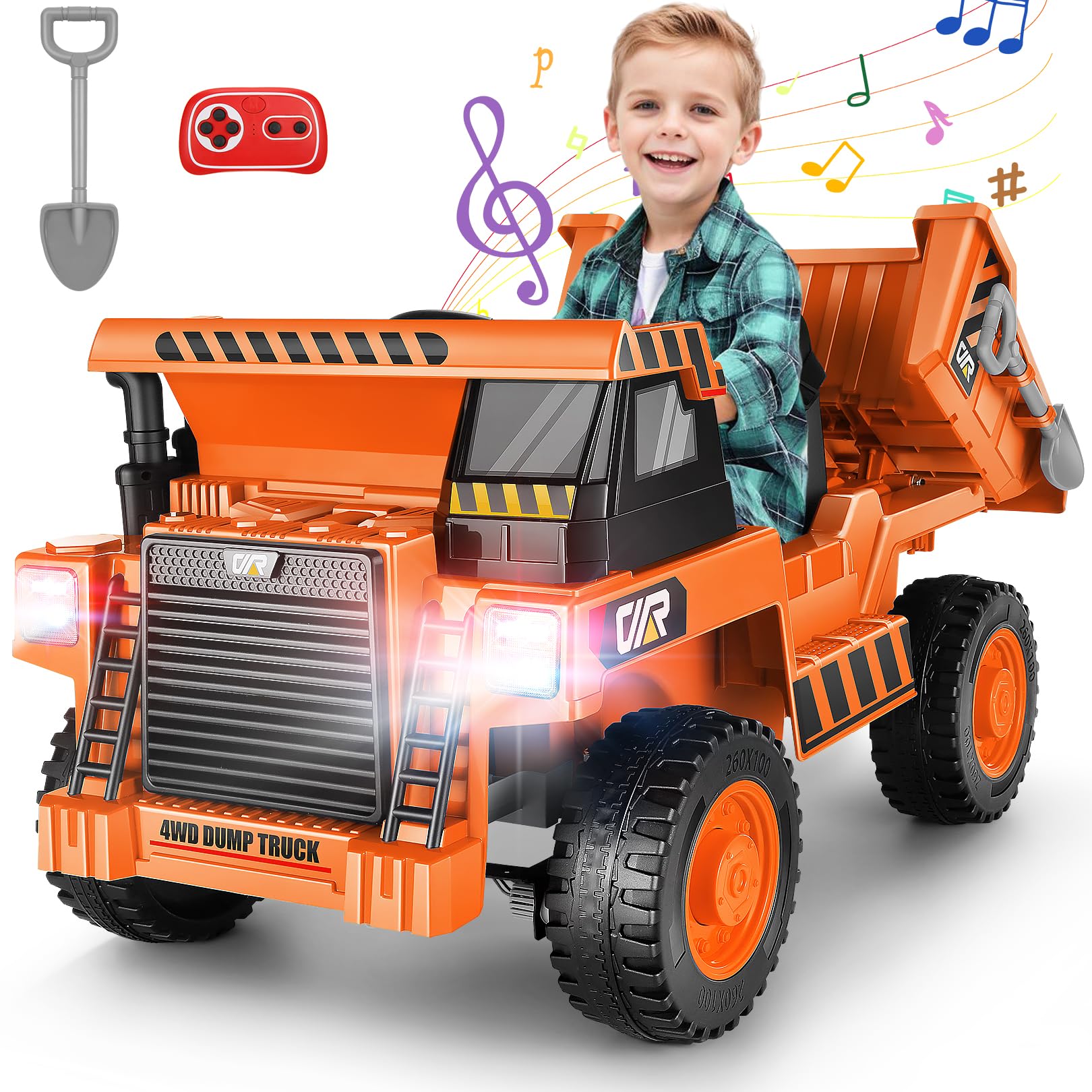 Hikole Ride On Dump Truck For Kids, 12V Ride On Car With Parent Remote, Shovel, Electric Dump Bed, Music Player, Ride On Construction Vehicles For Kids For Boys Girls, Orange