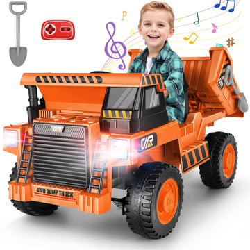 Hikole Ride On Dump Truck For Kids, 12V Ride On Car With Parent Remote, Shovel, Electric Dump Bed, Music Player, Ride On Construction Vehicles For Kids For Boys Girls, Orange