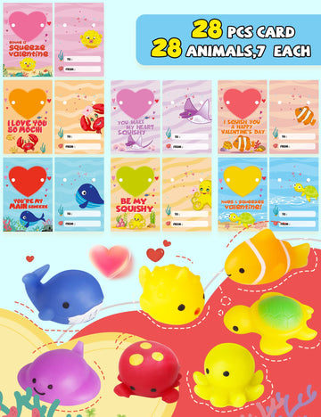 Feltom 28 Pack Valentines Day Cards Gift For Kids With Mochi Squishy Toys Set To Squeeze, Valentine School Classroom Exchange Pr