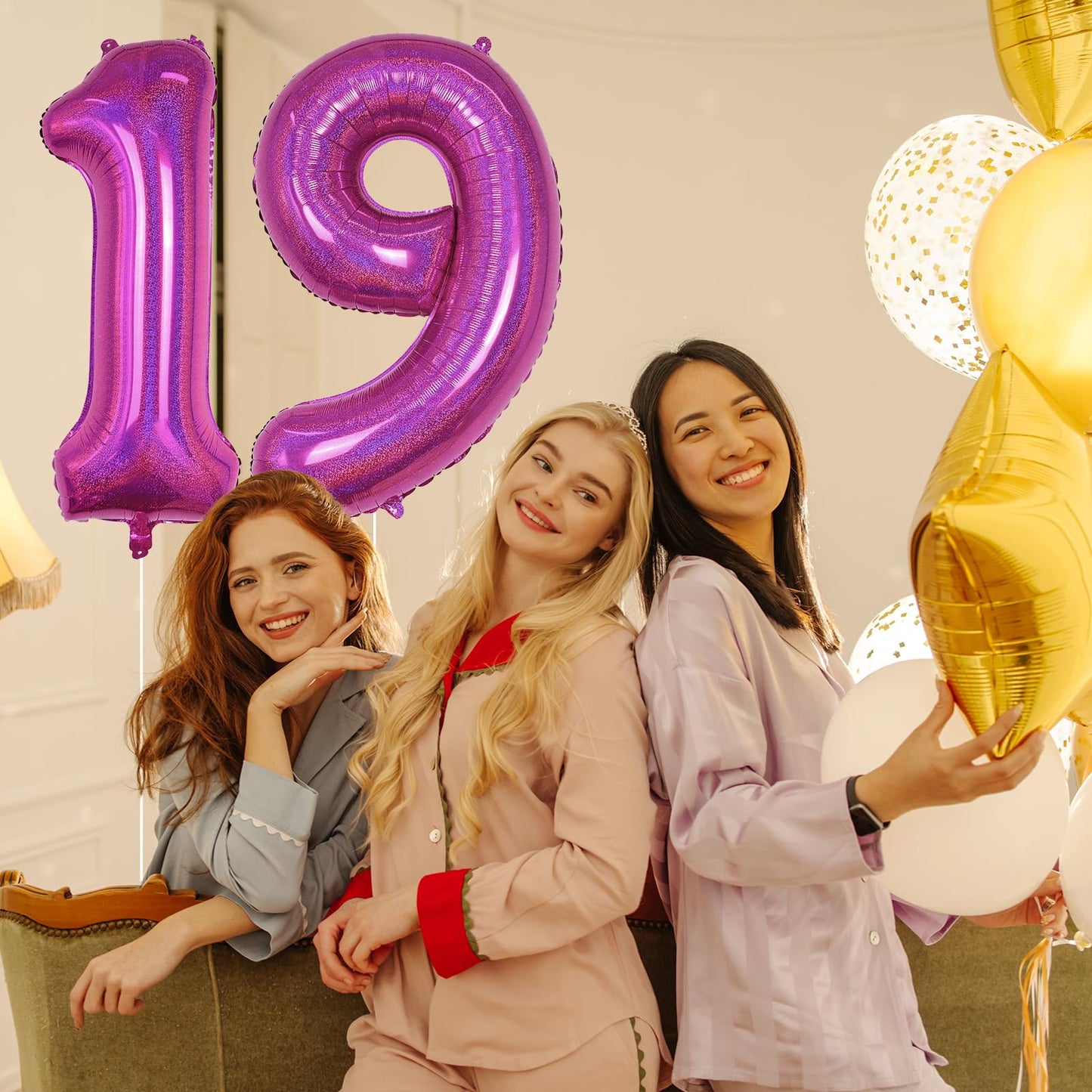 19Th Birthday Laser Hot Pink Balloons, Large Foil Number 19 Balloons For Women Anniversary Decor, 40'' Self Inflating Bright Pin