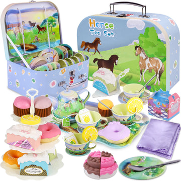 Tea Party Set for Little Girls,50PCS Princess Horse Tea Time Toy Including Food Sweet Treats Playsets,Teapot Tray Cake,Tableclot