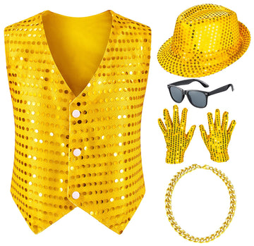 Kids Dance Hip Hop Jazz Costume Boys Sequin Vest Hat Sunglasses Set for Dance Party 8-9 Years Gold