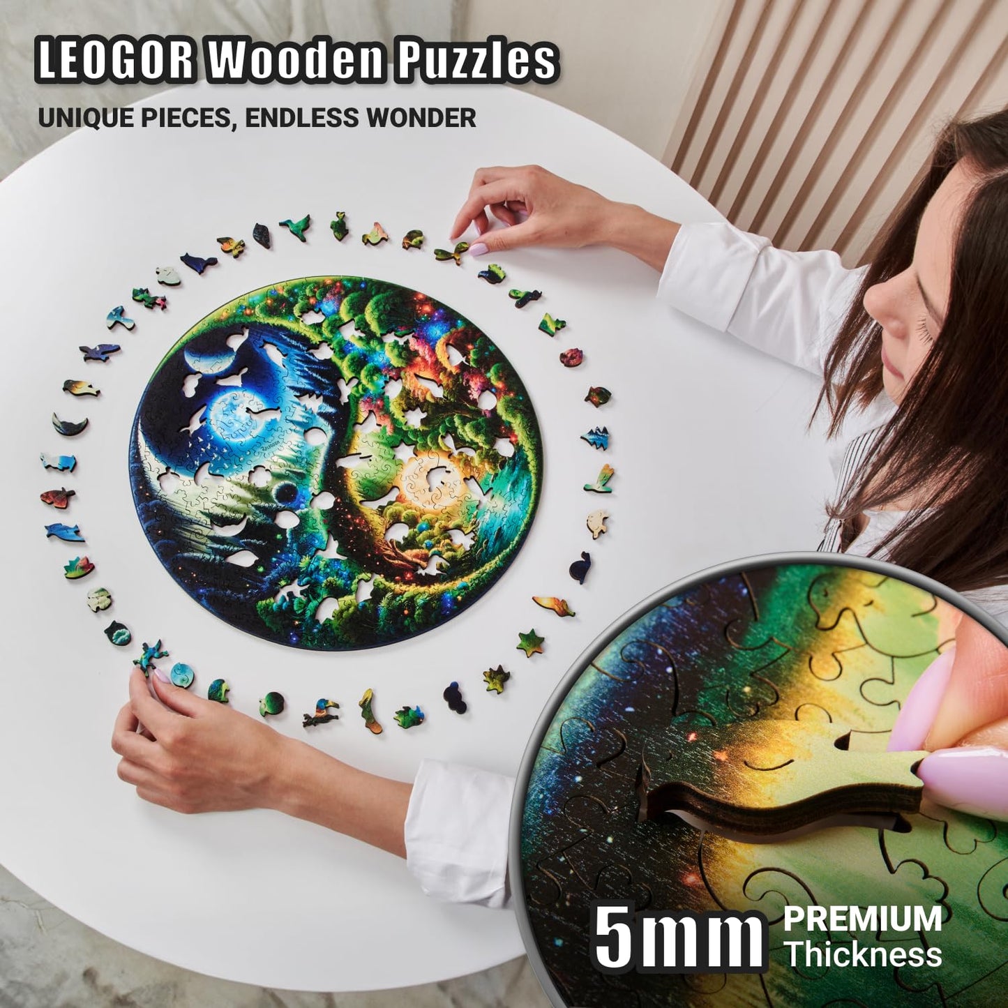 LEOGOR Wooden Jigsaw Puzzle 350 Pieces, Yin Yang Design, Extra-Thick 5mm Wood, 15x14.9 in, Unique Animal Shapes, Challenging Gift