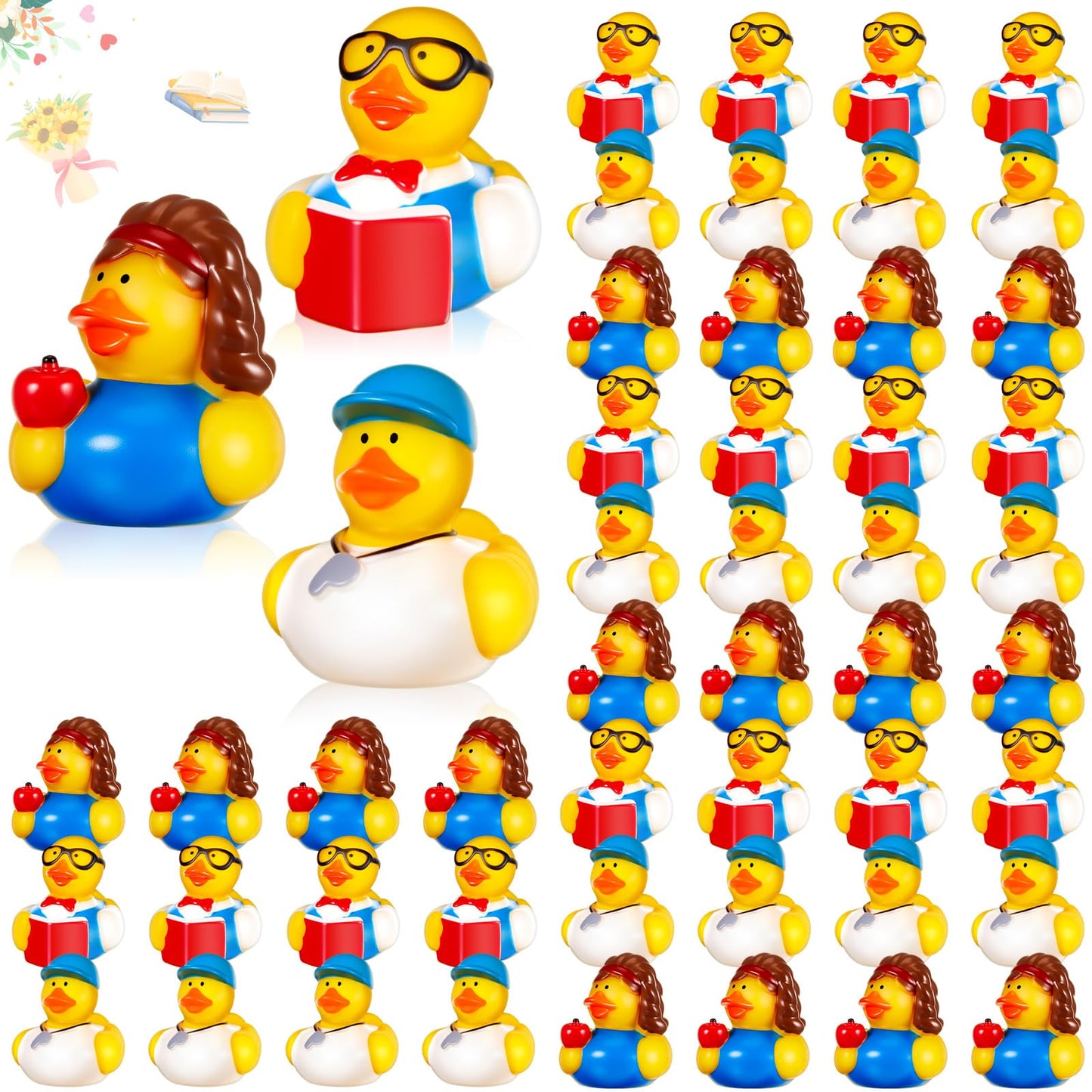 Deekin 24 Pcs Teacher Themed Party Favors Rubber Ducks 2 Inch School Educator Events Award Gifts for Teacher Appreciation Cute I