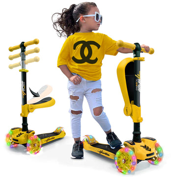 Hurtle Kids Scooter - Child Toddler Kick Scooter Toy With Foldable Seat - 3 Wheel Scooter With Adjustable Height, Anti-Slip Deck