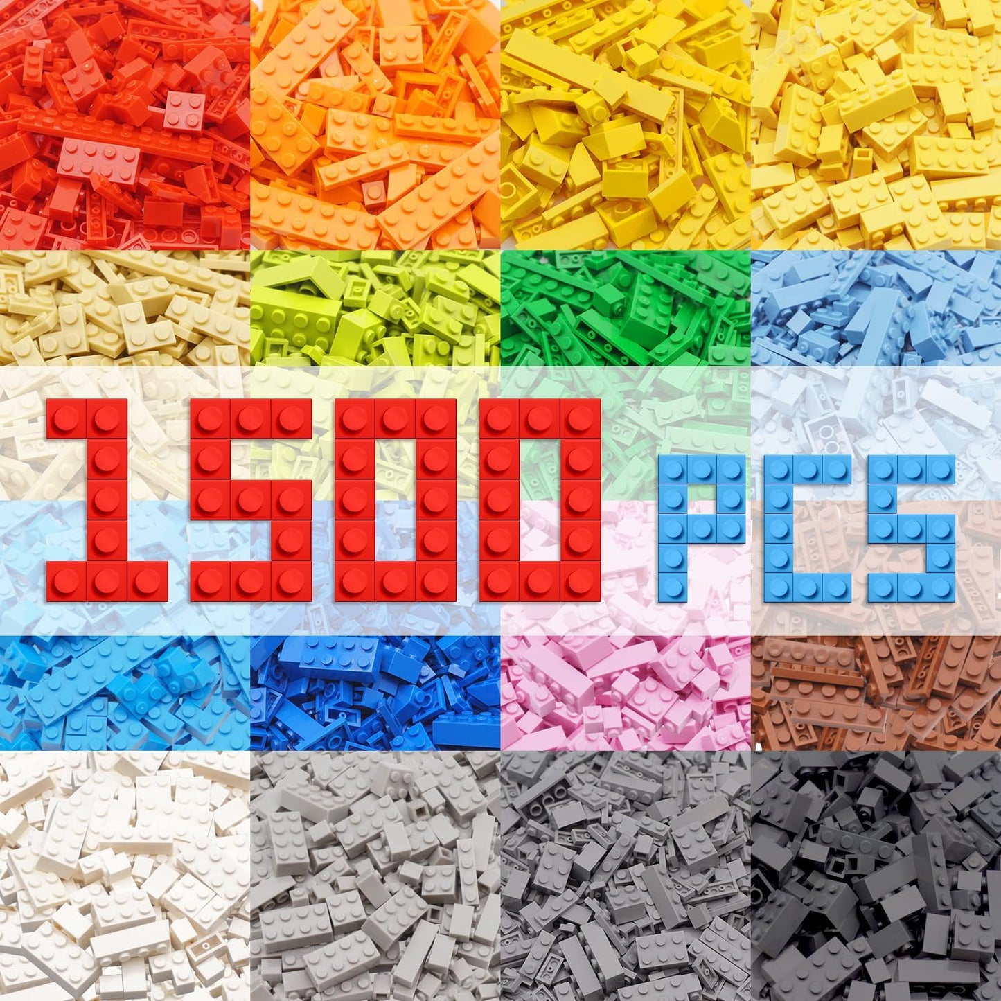 WYSWYG 1500 Piece Building Bricks,Bulk Classic Building Blocks Basic Box Compatible with Major Brands Baseplates, 12 Colors 14 R