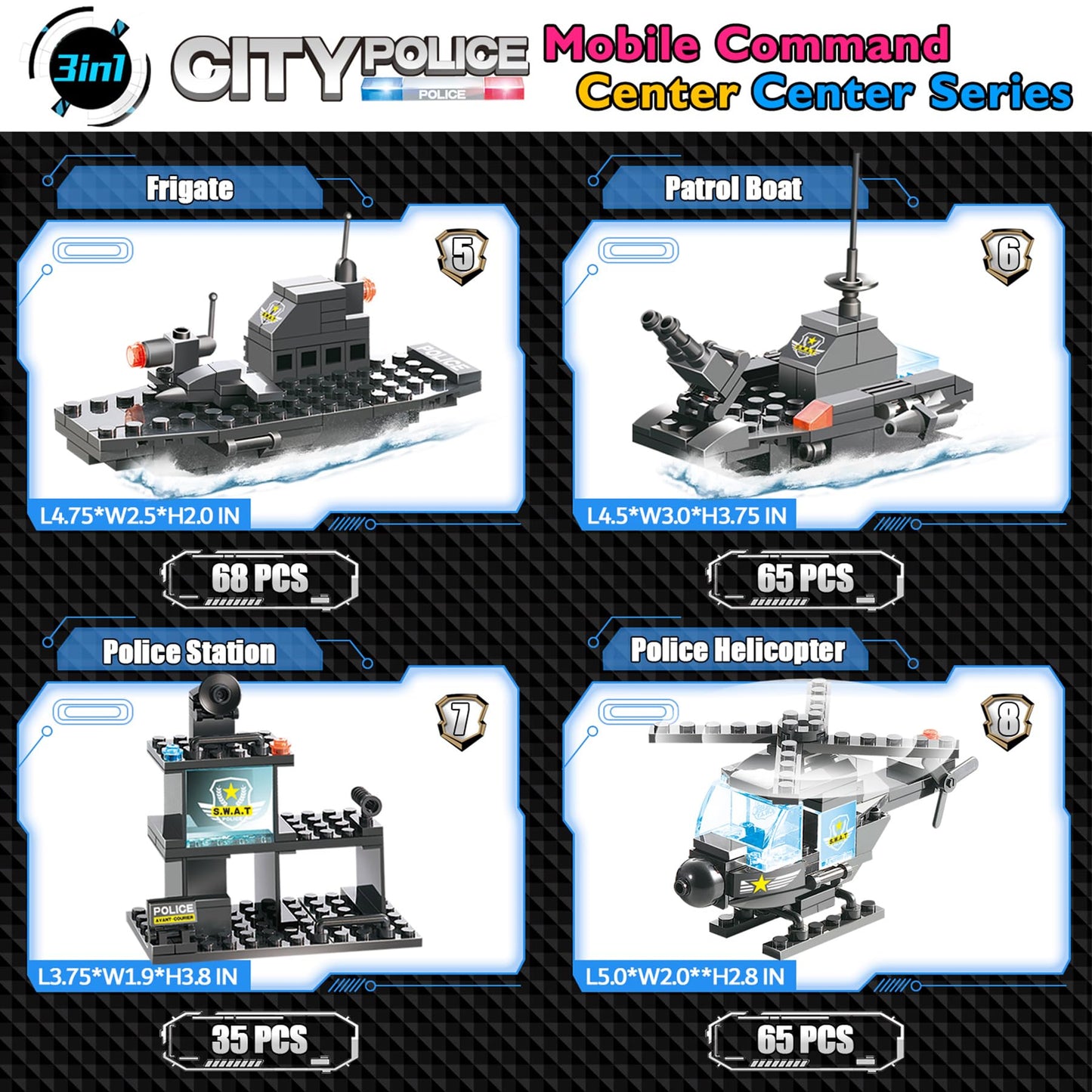 1110 Pcs Swat City Police Station Mobile Command Center Truck Car Building Blocks Set In 25 Different Models Police Cars, Helico