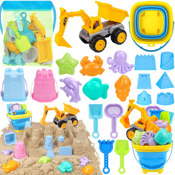 FHOZGECY Beach Toys, 21Pcs Sand Toys, Sandbox Toys with 2 in 1 Beach Truck, Collapsible Sand Bucket, Sand Castle Toys, Animal Mo