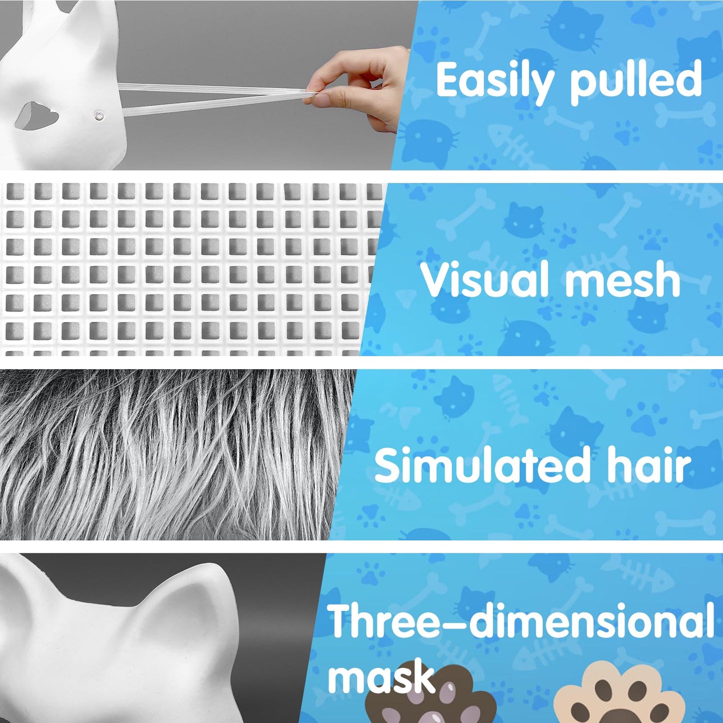Draupnir 10Pcs Cat Mask Therian Mask Fox Mask with Fur and Eye Mesh, DIY Blank White Paper Cat Face Mask to Paint, Cat Nask Ther