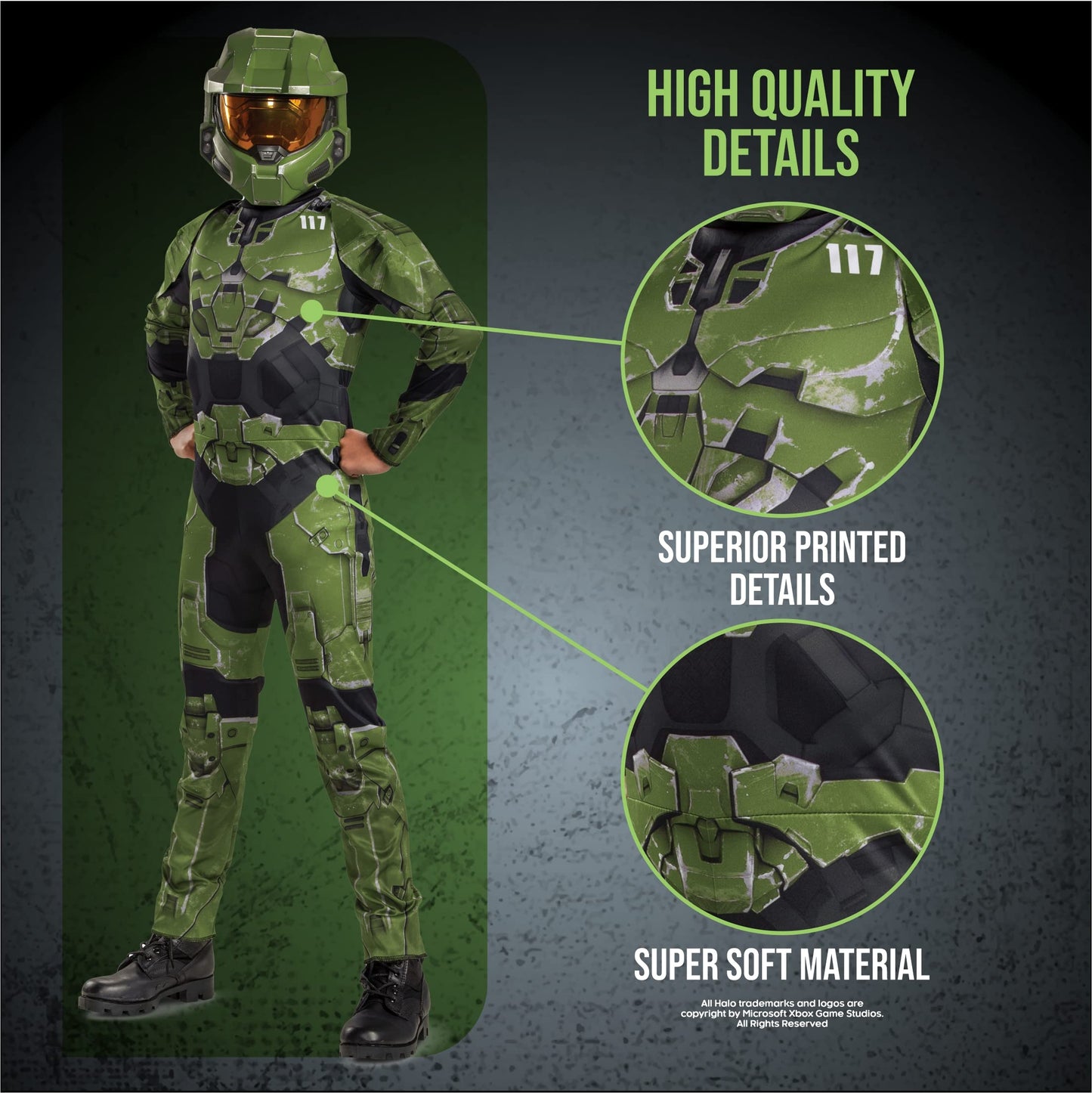 Halo Infinite Master Chief Costume  Kids Size Video Game Inspired Character Jumpsuit  Classic Child Size XL (14-16)  Green & Black