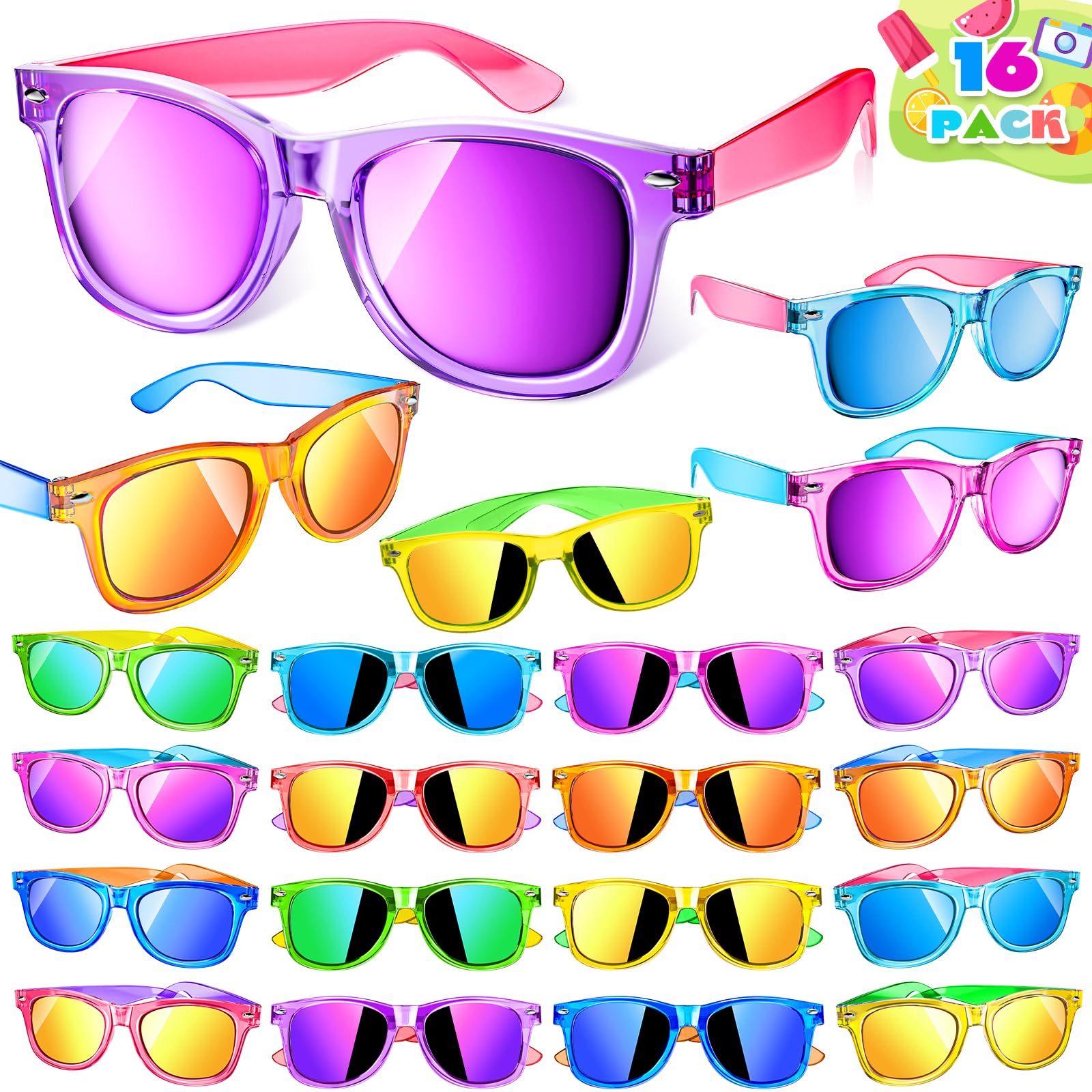 Giftinbox Valentines Kids Sunglasses Bulk, 16 Pack Kids Sunglasses Party Favor With Uv400 Protection, Neon Sunglasses For Boys Girls Goody Bag Stuffers, Beach Pool Birthday Party Favors For Kids 3-8