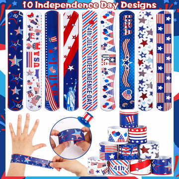 Junebrushs 4Th Of July Party Favors, 50 Pcs Patriotic Decorations Slap Bracelets Rubber Wristbands Assorted For Kids Gifts Silicone Bracelets Bulk Memorial Veterans Day Party Accessories