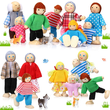 Skylety 20 Pcs Wooden Dollhouse Family Set Of 16 Mini People Figures And 4 Pets, Wooden Dollhouse Dolls Family Cosplay Figures Accessories For Pretend Toy(Vivid Style)