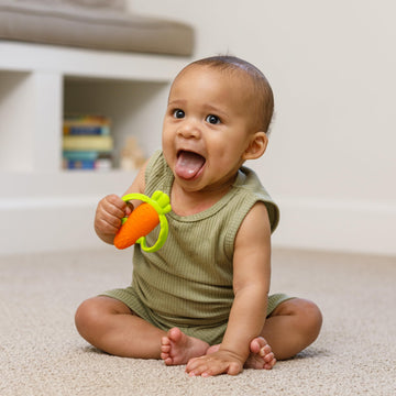 Infantino Lil' Nibbles Textured Silicone Baby Teether - Sensory Exploration And Teething Relief With Easy To Hold Handles, Orange Carrot, 0+ Months