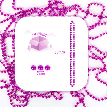 YAXINRUI 33 Inch 7 mm Metallic Hot Pink Bead Necklaces, 15pcs Mardi Gras Beads Bulk Round Beaded Necklaces Costume Necklace for