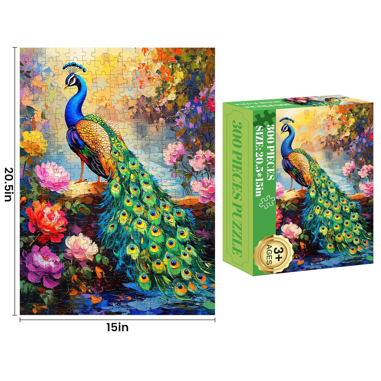 300 Piece Puzzles for mature-themeds Peacock Puzzle Jigsaw Puzzles 300 Pieces mature-themed Puzzles Games for Kids Ages 8-10 10-12 Recycled Cardboard Puzzles Gift Toy 20.5x15IN