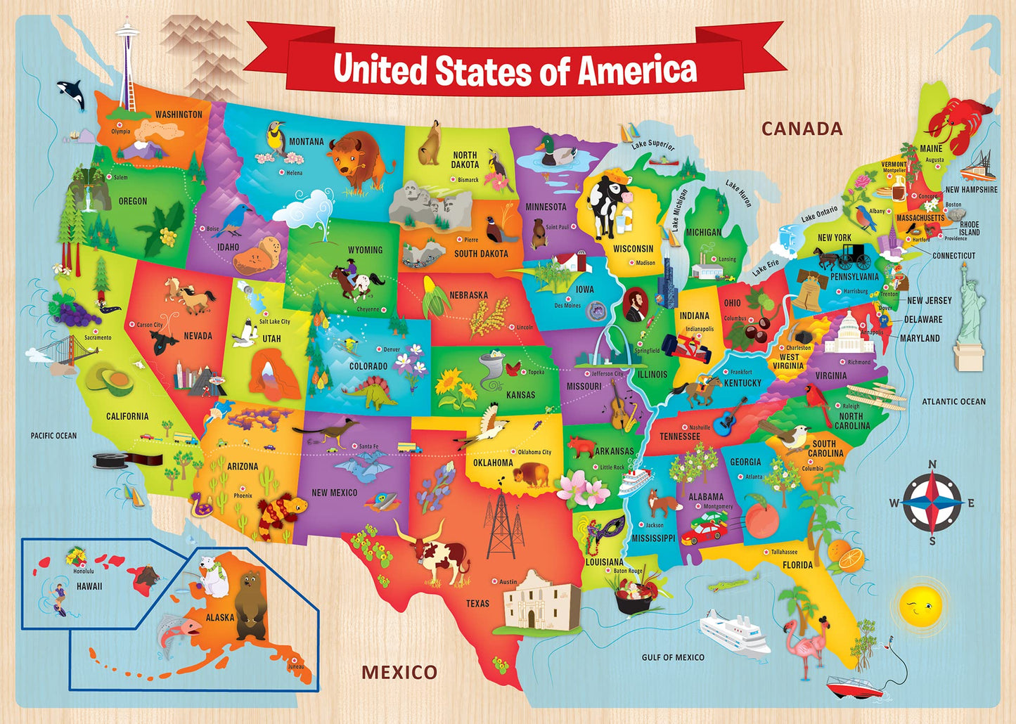 MasterPieces 44 Piece Jigsaw Puzzle for Kids - USA Map Wood Puzzle - 16.5x11.8