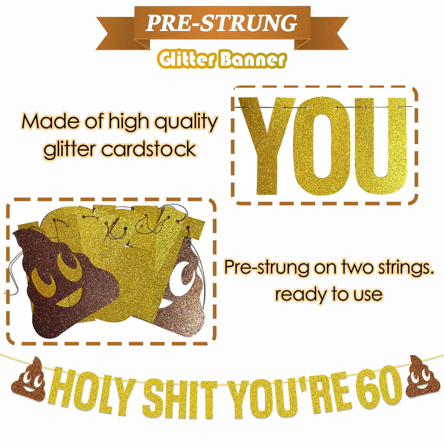 Gold Glitter Holy Shit You'Re 60 Birthday Banner Party Decoration,Happy 60Th Birthday/Cheers To 60 Years, Funny 60Th Birthday Pa