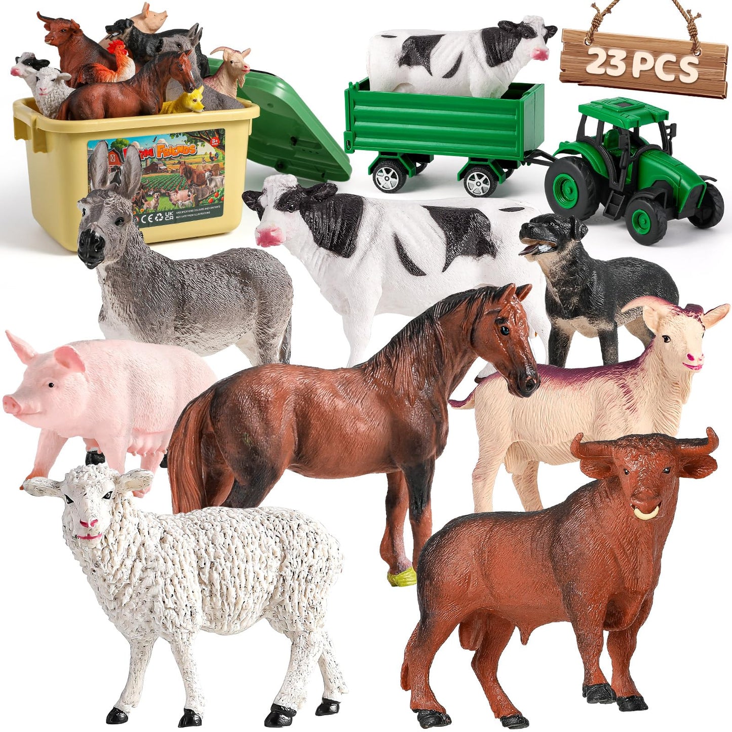 Waiiw Farm Animal Toys For Toddlers,23 Pcs Animal Toys With Realistic Animal Figurines,Tractor Toy And Fence,Farm Playset Educat