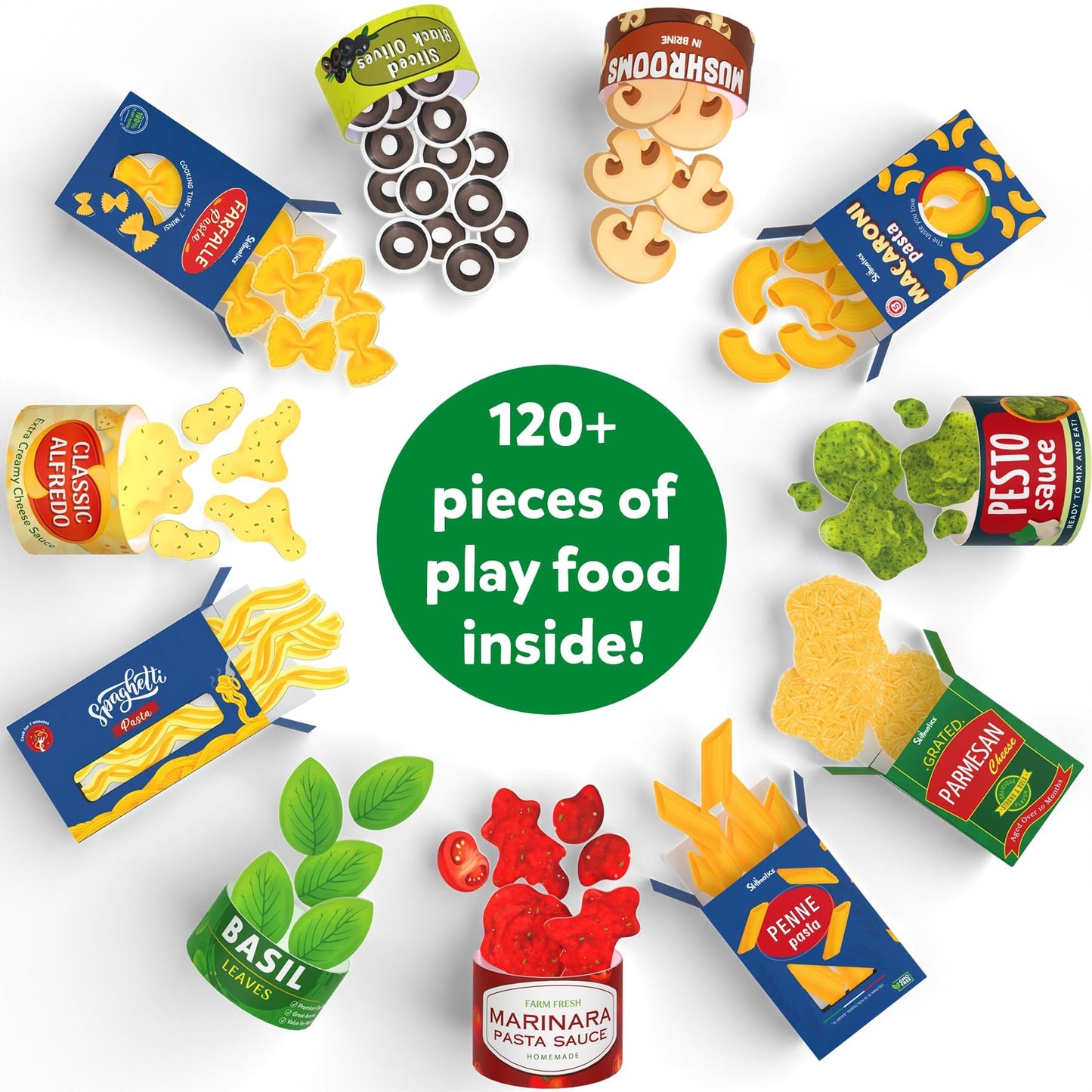 Skillmatics Pretend Play Pasta Set - 11 Containers, 120+ Play Food Items for Child's Play, Back-to-School Play Kitchen Accessori